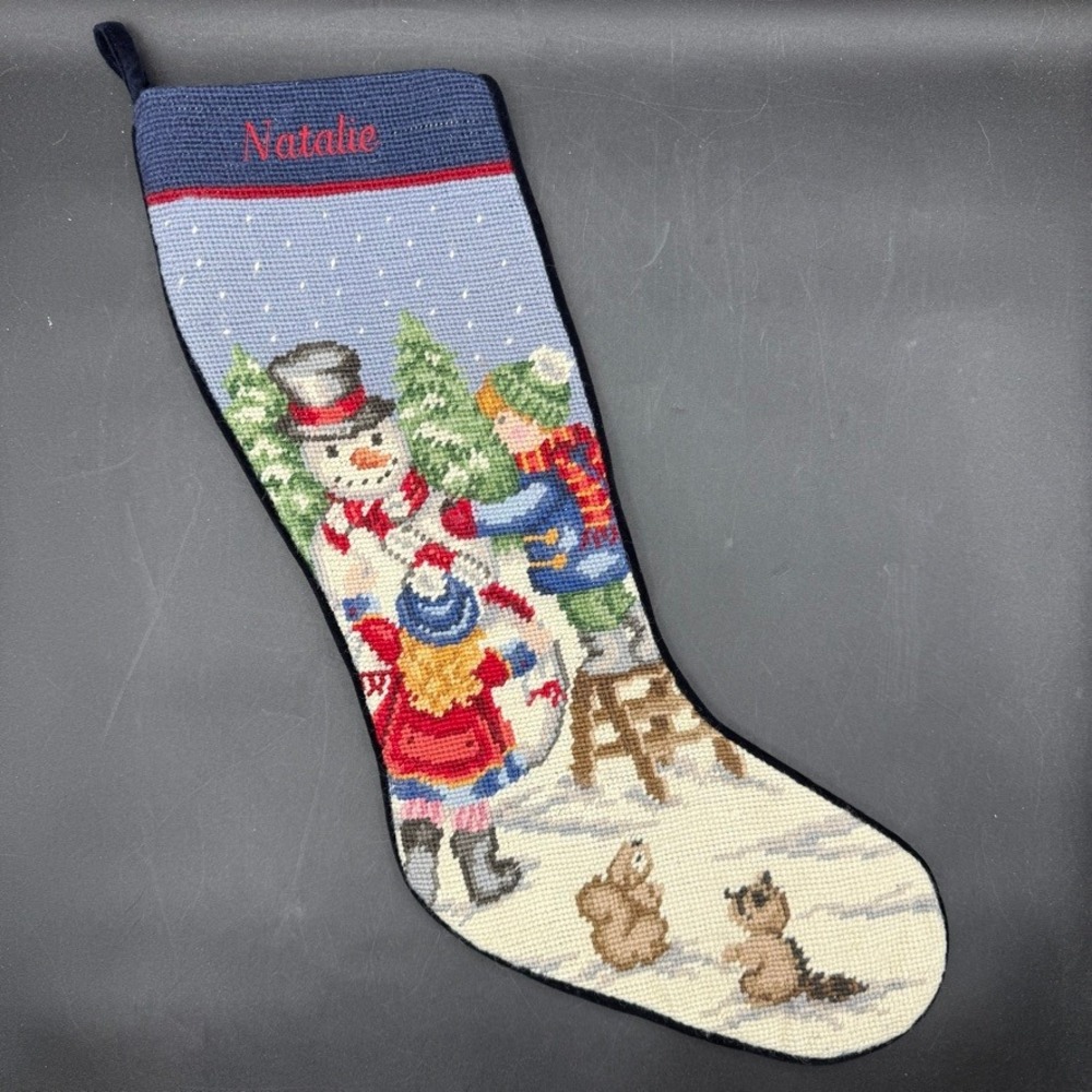 Lands End Christmas Stocking NATALIE Snowman Needlepoint Natalie Kids Animals